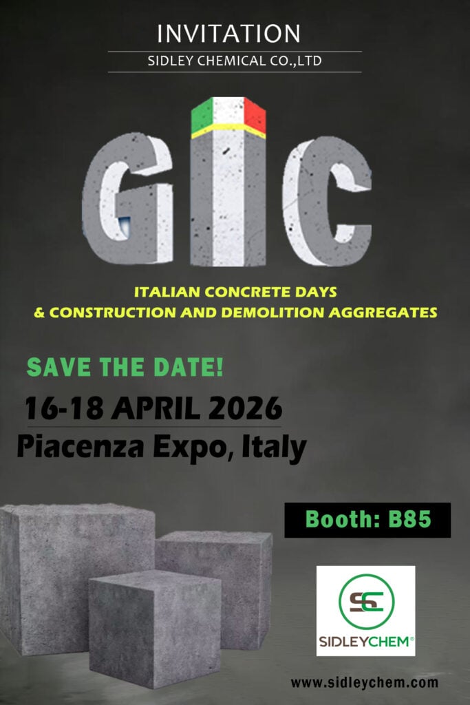 SidleyChem will exhibit at Italian Concrete Days 2026 (GIC 2026) in Piacenza, Italy from April 16-18 at Booth B85. Discover our full range of concrete admixtures and additives for the European market, including superplasticizers, shrinkage reducers, and cellulose ethers.