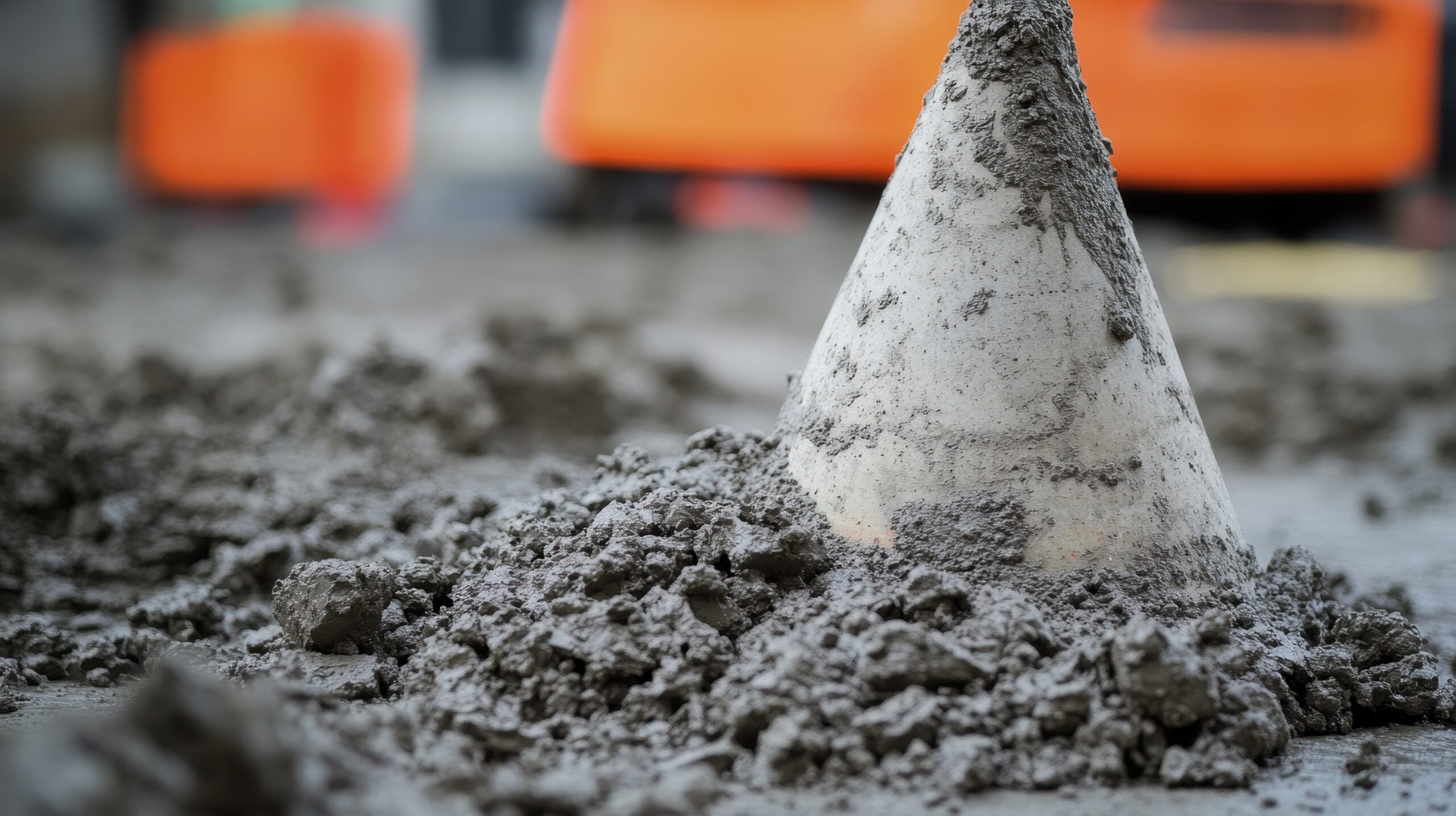 A close-up of a concrete cone surrounded by freshly mixed cement on a construction site.