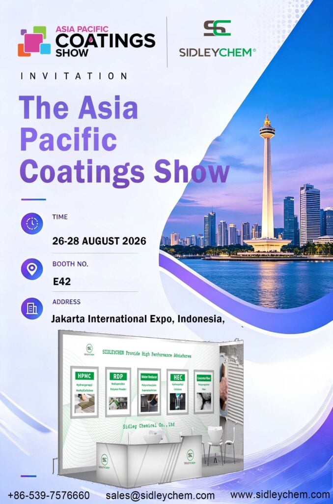 SidleyChem will exhibit at Asia Pacific Coatings Show 2026 in Jakarta (August 26-28, Booth E42), showcasing coating additives, cellulose ethers, RDP, and functional solutions for the Asia Pacific market. Visit us to explore tailored formulations.