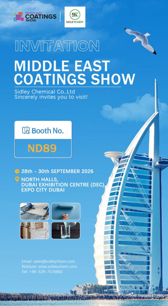 Meet SidleyChem at Middle East Coatings Show 2026 in Dubai, September 28–30, Booth ND89. Explore cellulose ethers and functional additives for coatings.
